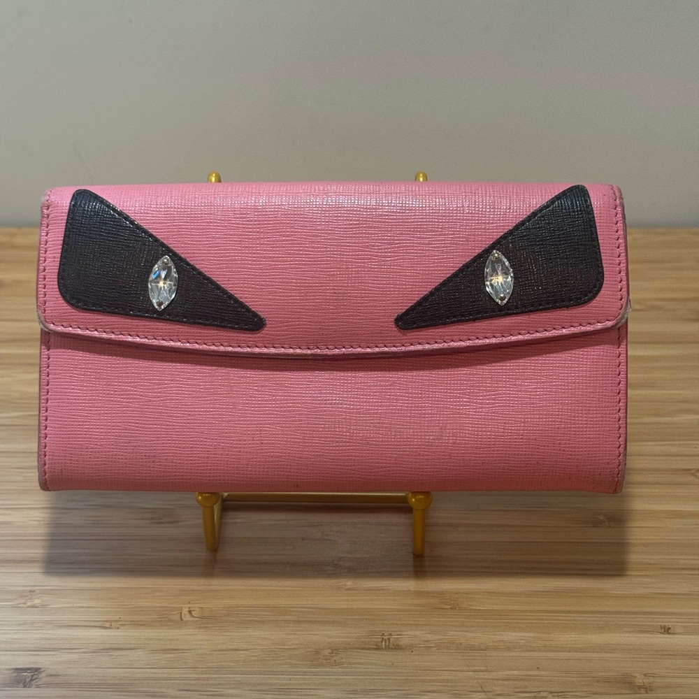 Fendi Monster Eyes Pink Leather Continental Wallet with Chain